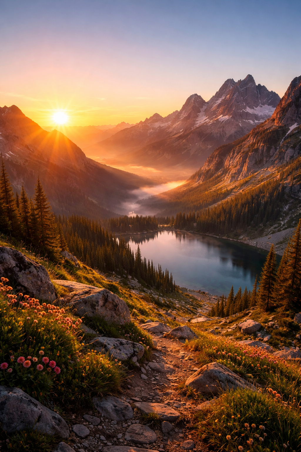 A breathtaking mountain landscape at sunrise, vivid warm colors, photorealistic adventure scenery, clear sky, no people